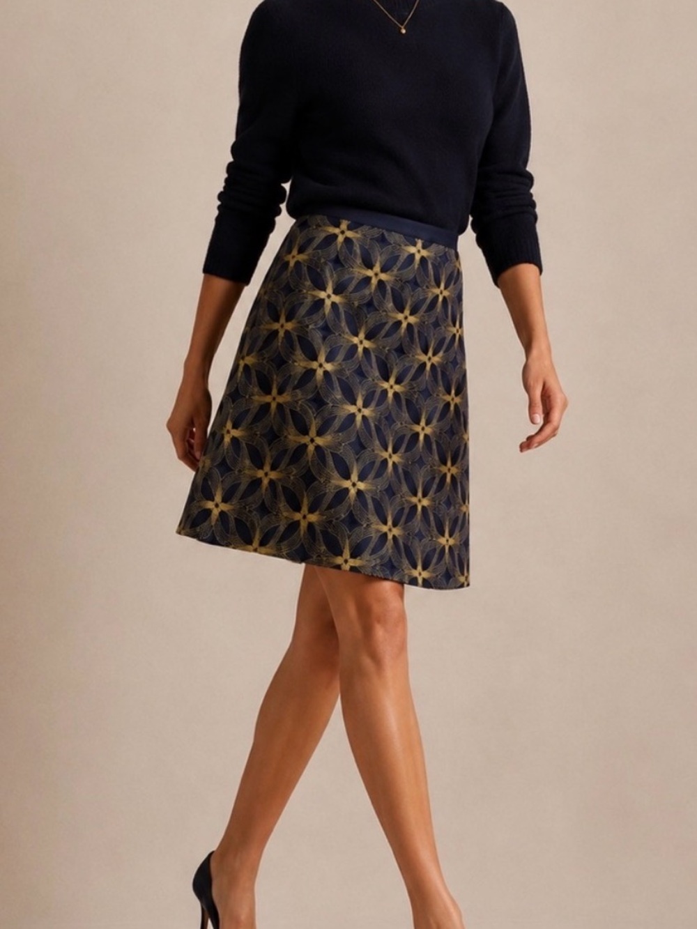 Boden | Wool Cashmere A Line Mini Skirt Laser Cut Embroidered Navy Gold Size 8